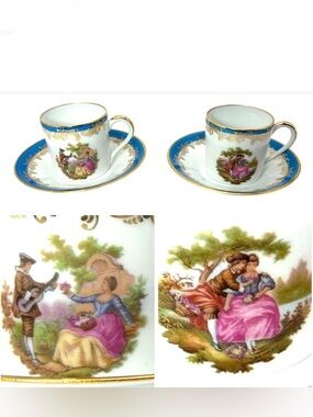 LIMOGES D'ART FRAGONARD ESPRESSO CUP & SAUCER DEMITASSE COURTING COUPLE Blue